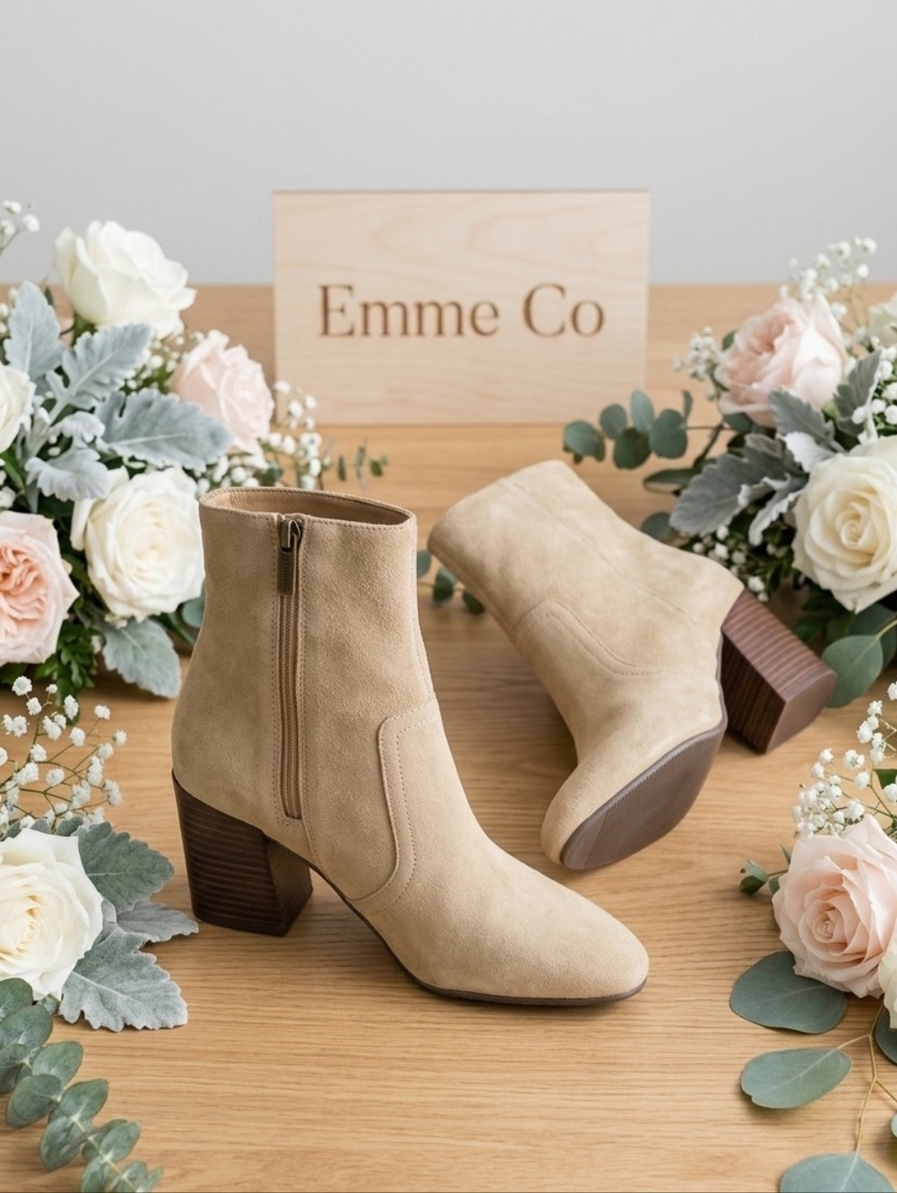 NWOT Blondo Beige Cow Suede Ankle Booties with Block Heel